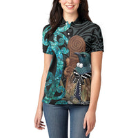 New Zealand Tui Bird Wahaika Women Polo Shirt Maori Weapon Paua Shell Koru Pattern