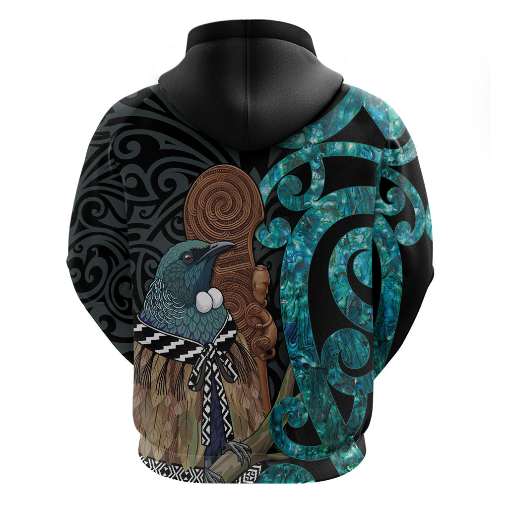 New Zealand Tui Bird Wahaika Zip Hoodie Maori Weapon Paua Shell Koru Pattern