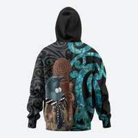 New Zealand Tui Bird Wahaika Zip Hoodie Maori Weapon Paua Shell Koru Pattern