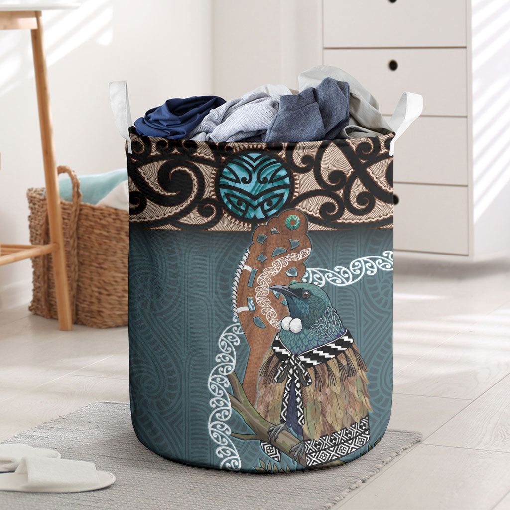 New Zealand Tui Bird Maripi Laundry Basket Maori Weapon Kowhaiwhai Pattern