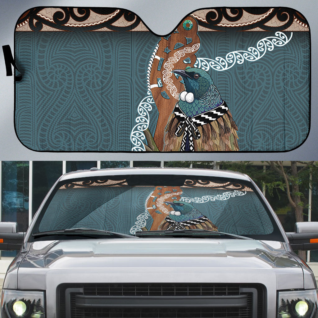 New Zealand Tui Bird Maripi Auto Sun Shade Maori Weapon Kowhaiwhai Pattern