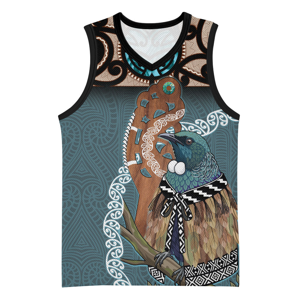 New Zealand Tui Bird Maripi Basketball Jersey Maori Weapon Kowhaiwhai Pattern