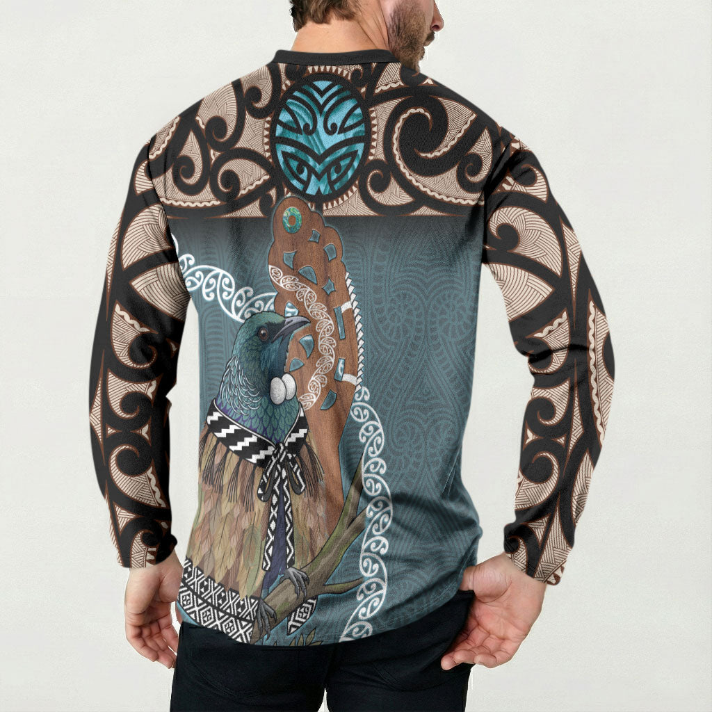 New Zealand Tui Bird Maripi Button Sweatshirt Maori Weapon Kowhaiwhai Pattern