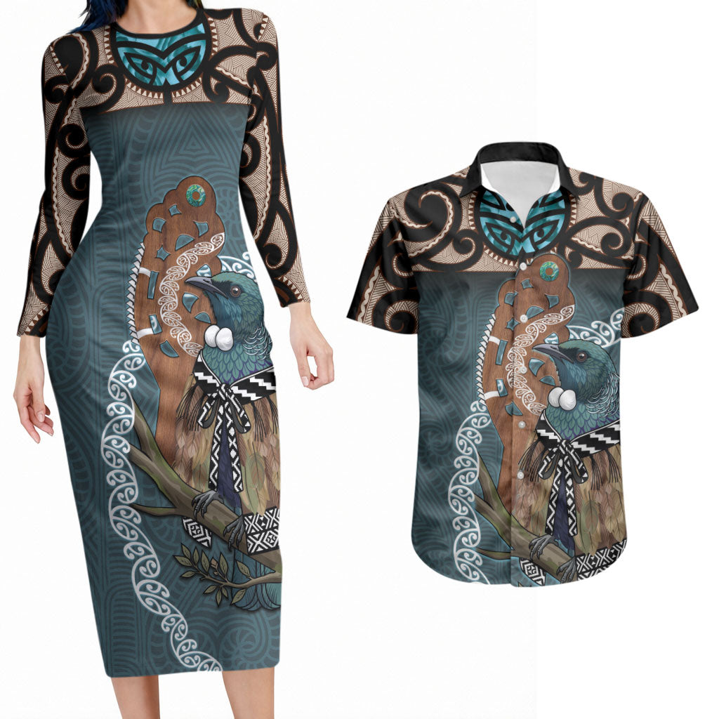 New Zealand Tui Bird Maripi Couples Matching Long Sleeve Bodycon Dress and Hawaiian Shirt Maori Weapon Kowhaiwhai Pattern LT22 Slate Blue - Polynesian Pride