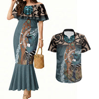 New Zealand Tui Bird Maripi Couples Matching Mermaid Dress and Hawaiian Shirt Maori Weapon Kowhaiwhai Pattern