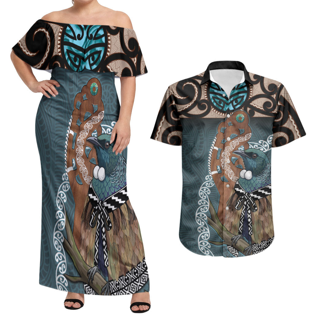 New Zealand Tui Bird Maripi Couples Matching Off Shoulder Maxi Dress and Hawaiian Shirt Maori Weapon Kowhaiwhai Pattern