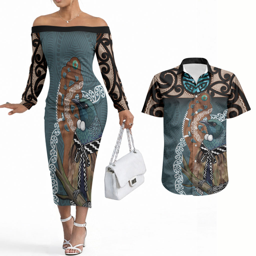 New Zealand Tui Bird Maripi Couples Matching Off The Shoulder Long Sleeve Dress and Hawaiian Shirt Maori Weapon Kowhaiwhai Pattern