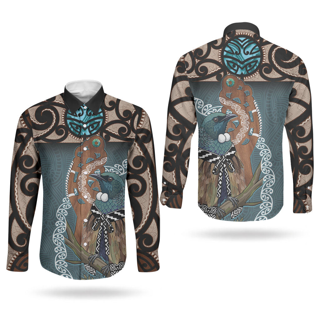 New Zealand Tui Bird Maripi Couples Matching Off The Shoulder Long Sleeve Dress and Long Sleeve Button Shirt Maori Weapon Kowhaiwhai Pattern