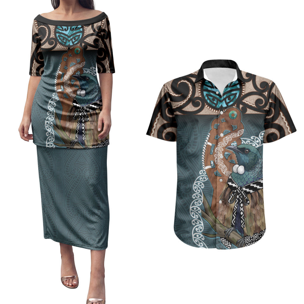 New Zealand Tui Bird Maripi Couples Matching Puletasi and Hawaiian Shirt Maori Weapon Kowhaiwhai Pattern