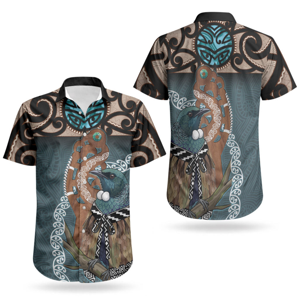 New Zealand Tui Bird Maripi Couples Matching Puletasi and Hawaiian Shirt Maori Weapon Kowhaiwhai Pattern