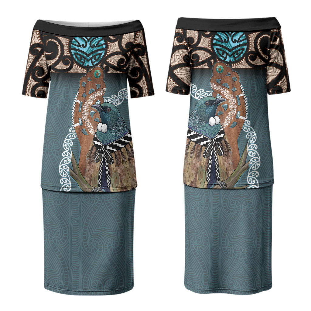 New Zealand Tui Bird Maripi Couples Matching Puletasi and Hawaiian Shirt Maori Weapon Kowhaiwhai Pattern