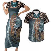 New Zealand Tui Bird Maripi Couples Matching Short Sleeve Bodycon Dress and Hawaiian Shirt Maori Weapon Kowhaiwhai Pattern
