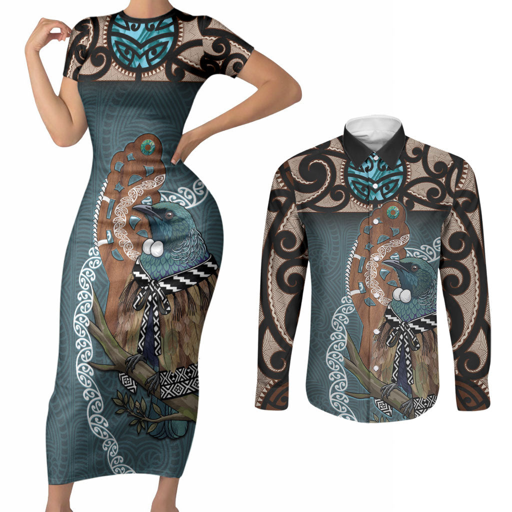 New Zealand Tui Bird Maripi Couples Matching Short Sleeve Bodycon Dress and Long Sleeve Button Shirt Maori Weapon Kowhaiwhai Pattern