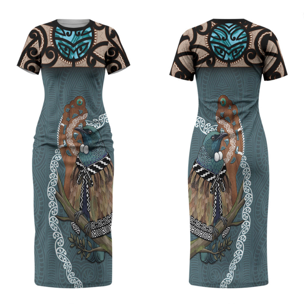New Zealand Tui Bird Maripi Couples Matching Short Sleeve Bodycon Dress and Long Sleeve Button Shirt Maori Weapon Kowhaiwhai Pattern