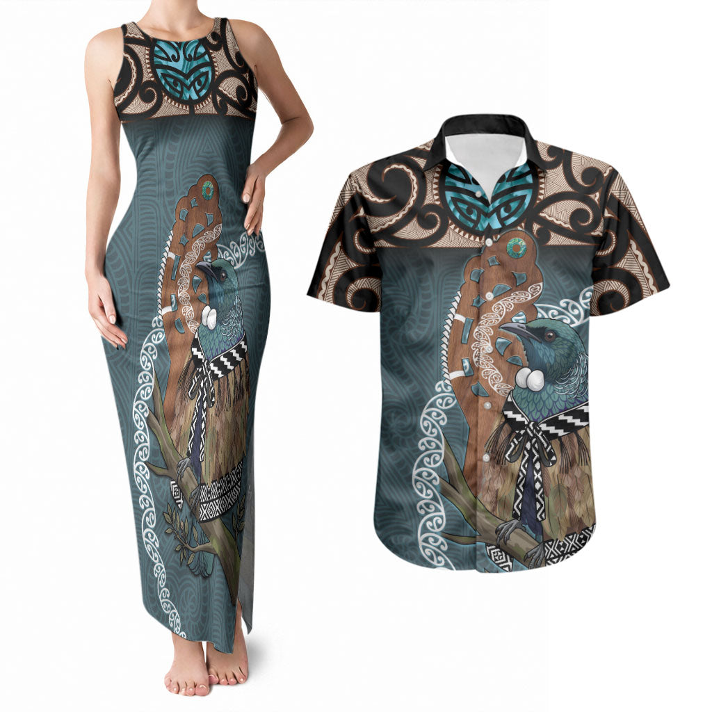 New Zealand Tui Bird Maripi Couples Matching Tank Maxi Dress and Hawaiian Shirt Maori Weapon Kowhaiwhai Pattern