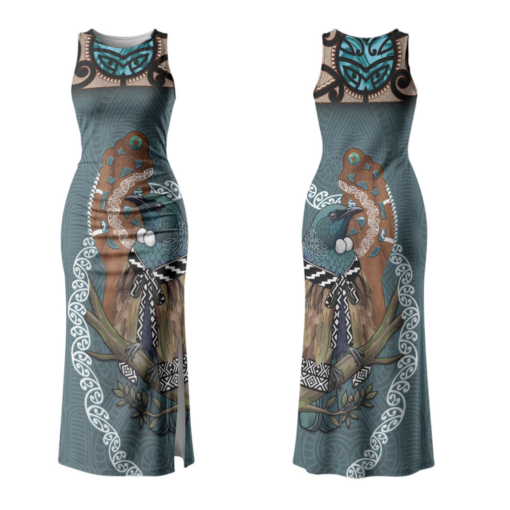 New Zealand Tui Bird Maripi Couples Matching Tank Maxi Dress and Long Sleeve Button Shirt Maori Weapon Kowhaiwhai Pattern