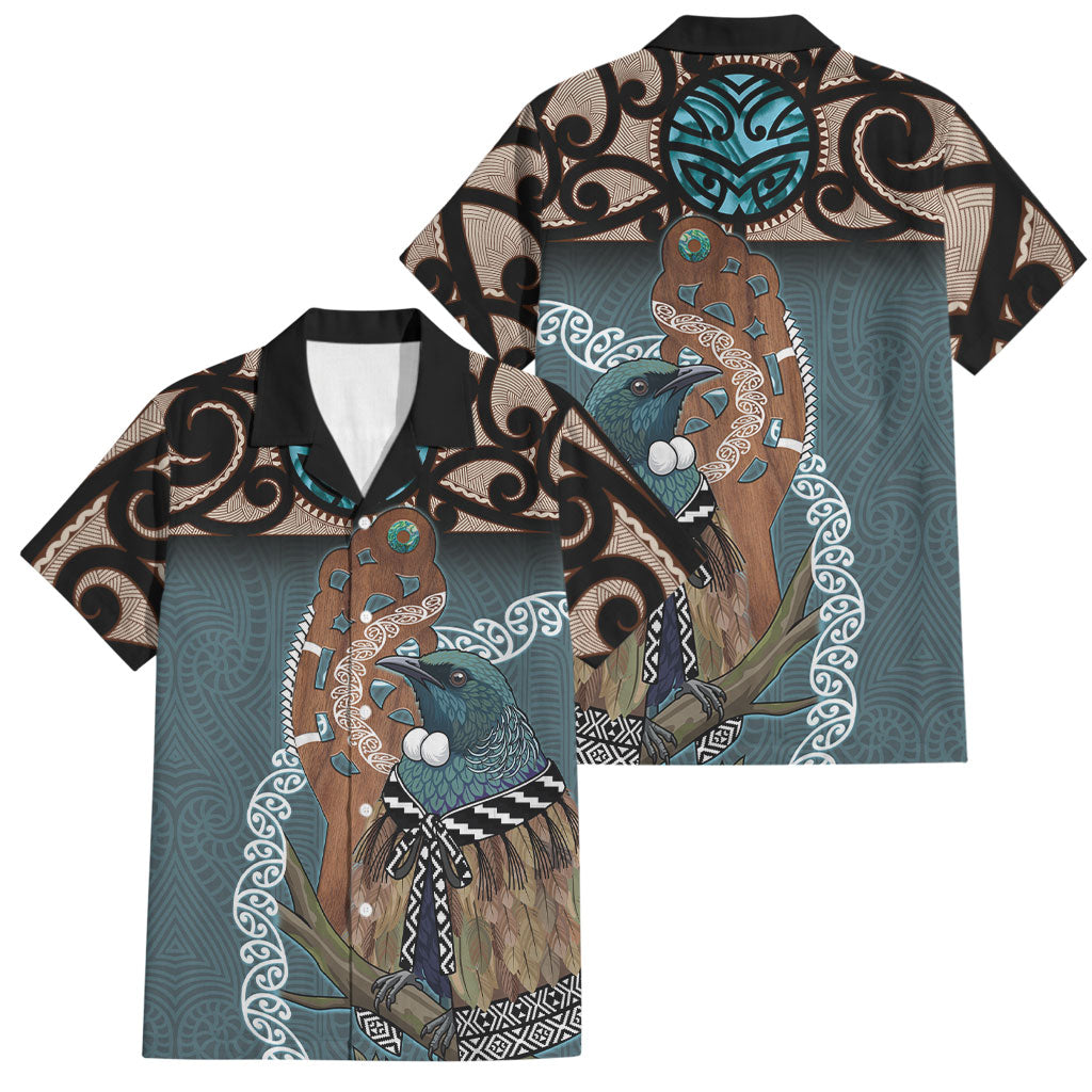 New Zealand Tui Bird Maripi Family Matching Long Sleeve Bodycon Dress and Hawaiian Shirt Maori Weapon Kowhaiwhai Pattern