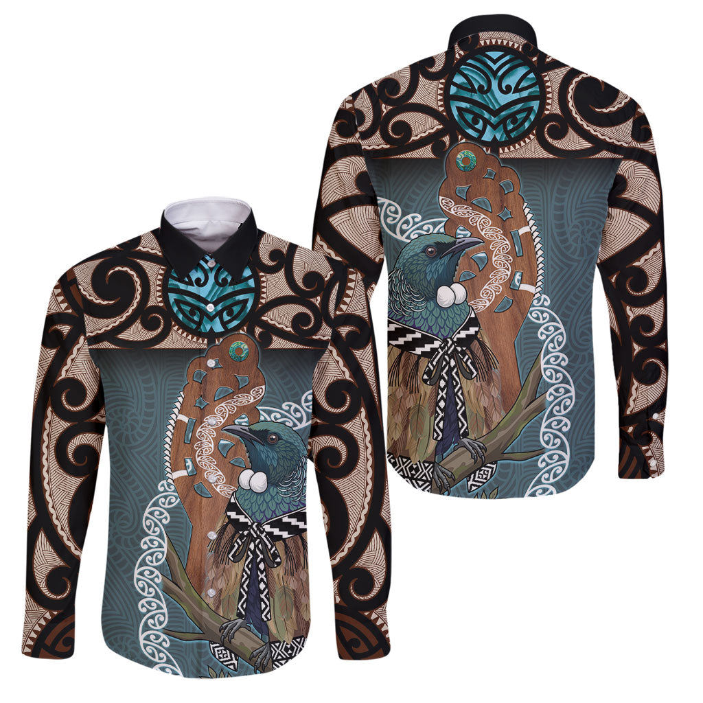 New Zealand Tui Bird Maripi Family Matching Off The Shoulder Long Sleeve Dress and Hawaiian Shirt Maori Weapon Kowhaiwhai Pattern