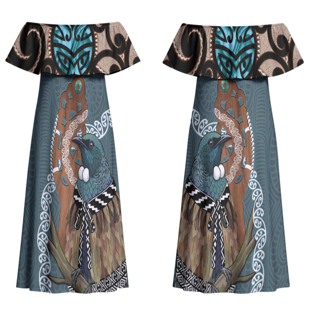 New Zealand Tui Bird Maripi Family Matching Off Shoulder Maxi Dress and Hawaiian Shirt Maori Weapon Kowhaiwhai Pattern