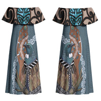 New Zealand Tui Bird Maripi Family Matching Off Shoulder Maxi Dress and Hawaiian Shirt Maori Weapon Kowhaiwhai Pattern