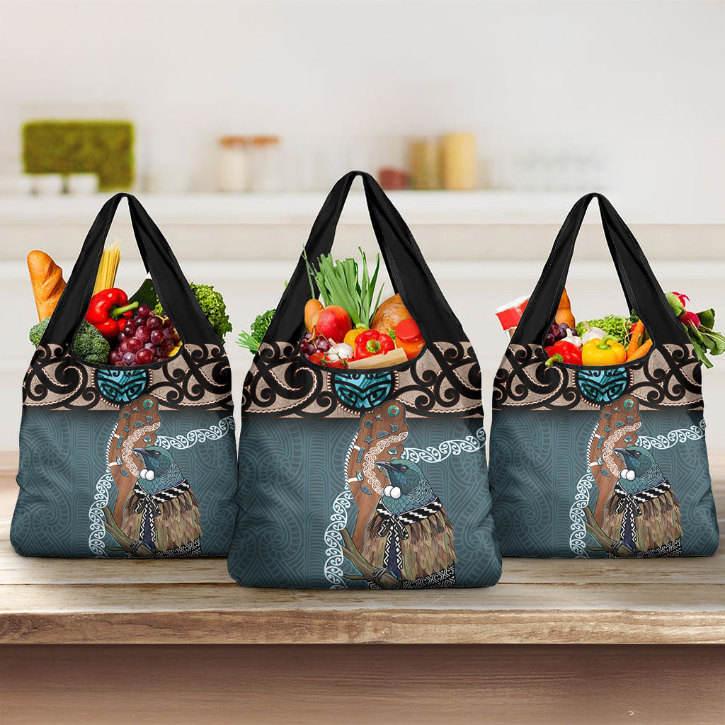 New Zealand Tui Bird Maripi Grocery Bag Maori Weapon Kowhaiwhai Pattern