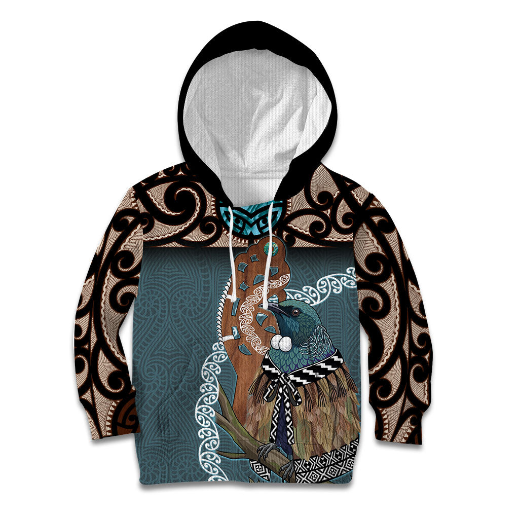 New Zealand Tui Bird Maripi Kid Hoodie Maori Weapon Kowhaiwhai Pattern