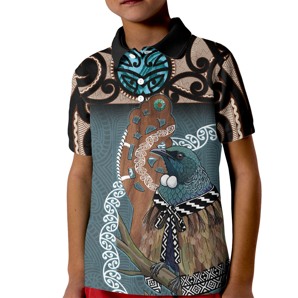 New Zealand Tui Bird Maripi Kid Polo Shirt Maori Weapon Kowhaiwhai Pattern