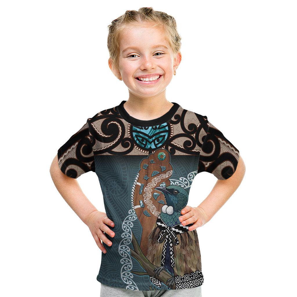 New Zealand Tui Bird Maripi Kid T Shirt Maori Weapon Kowhaiwhai Pattern