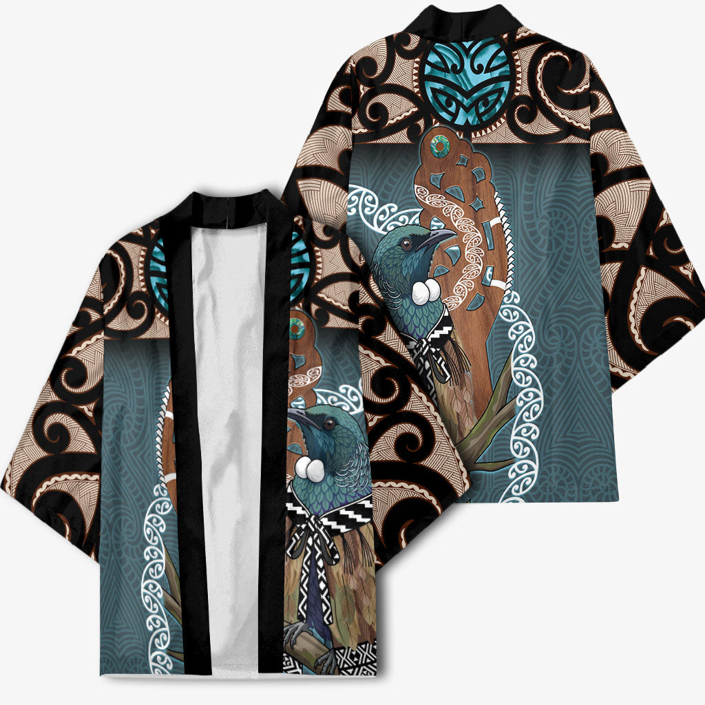 New Zealand Tui Bird Maripi Kimono Maori Weapon Kowhaiwhai Pattern