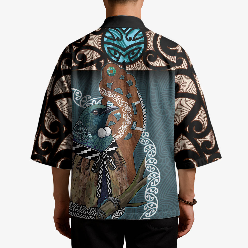 New Zealand Tui Bird Maripi Kimono Maori Weapon Kowhaiwhai Pattern