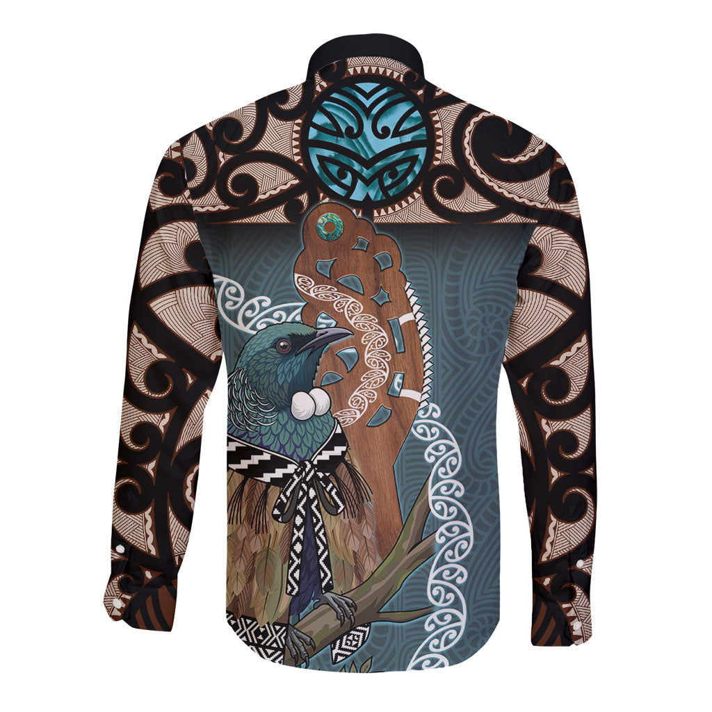 New Zealand Tui Bird Maripi Long Sleeve Button Shirt Maori Weapon Kowhaiwhai Pattern