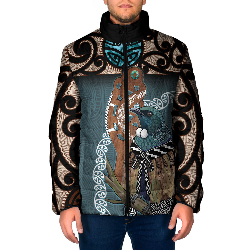 New Zealand Tui Bird Maripi Padded Jacket Maori Weapon Kowhaiwhai Pattern