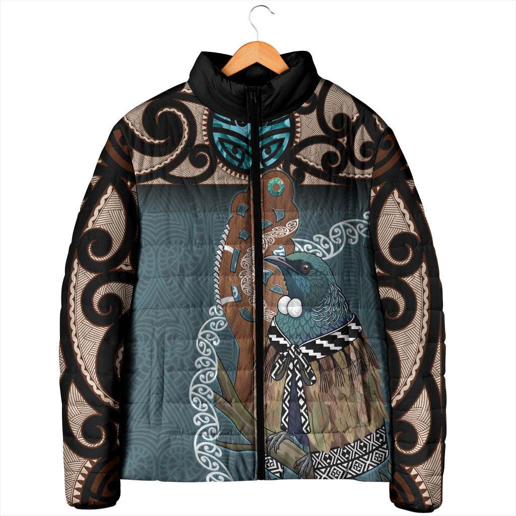 New Zealand Tui Bird Maripi Padded Jacket Maori Weapon Kowhaiwhai Pattern