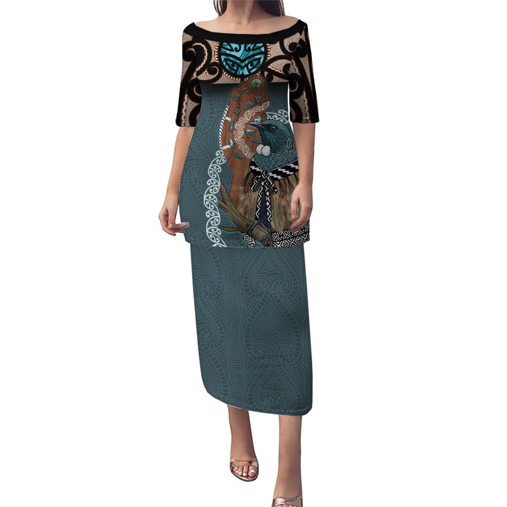 New Zealand Tui Bird Maripi Puletasi Maori Weapon Kowhaiwhai Pattern LT22 Long Dress Slate Blue - Polynesian Pride