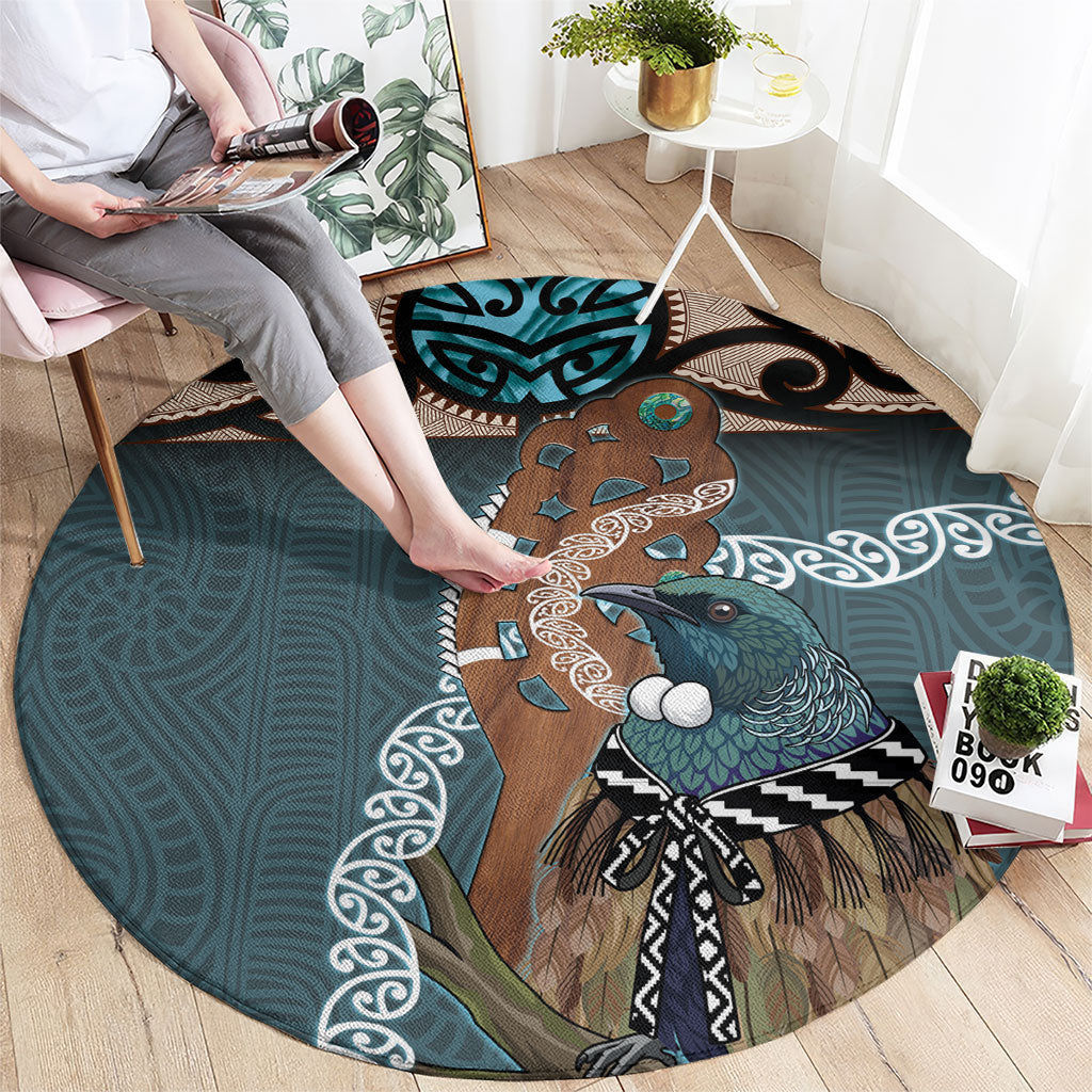 New Zealand Tui Bird Maripi Round Carpet Maori Weapon Kowhaiwhai Pattern