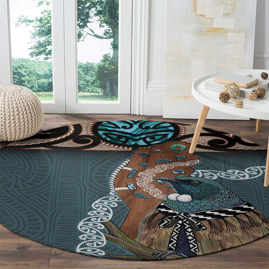 New Zealand Tui Bird Maripi Round Carpet Maori Weapon Kowhaiwhai Pattern