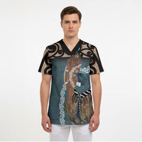 New Zealand Tui Bird Maripi Scrub Top Maori Weapon Kowhaiwhai Pattern