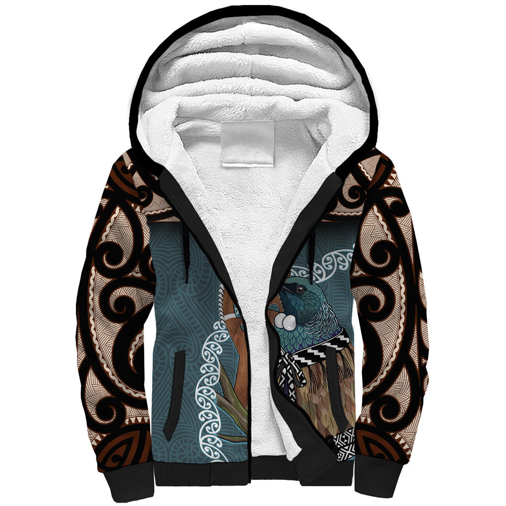 New Zealand Tui Bird Maripi Sherpa Hoodie Maori Weapon Kowhaiwhai Pattern