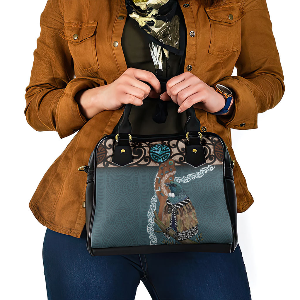 New Zealand Tui Bird Maripi Shoulder Handbag Maori Weapon Kowhaiwhai Pattern