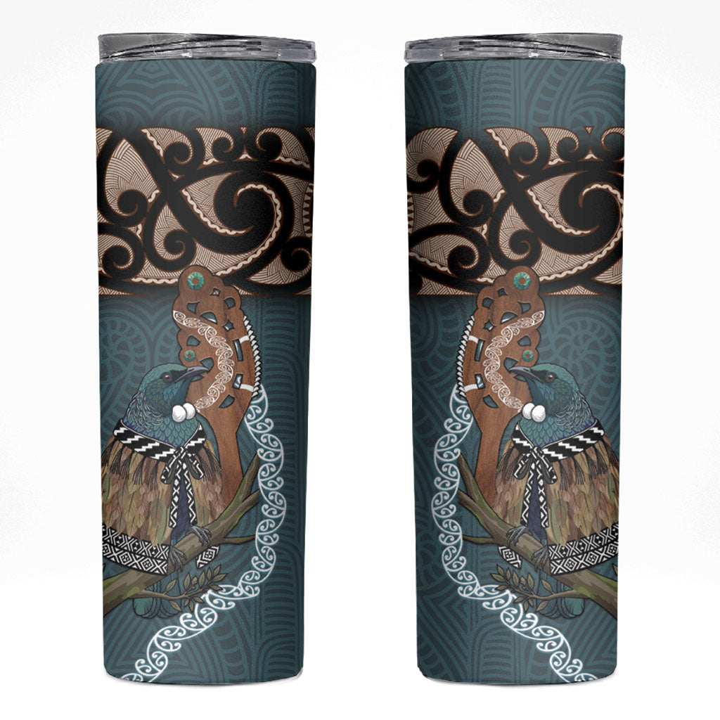 New Zealand Tui Bird Maripi Skinny Tumbler Maori Weapon Kowhaiwhai Pattern LT22 Slate Blue - Polynesian Pride