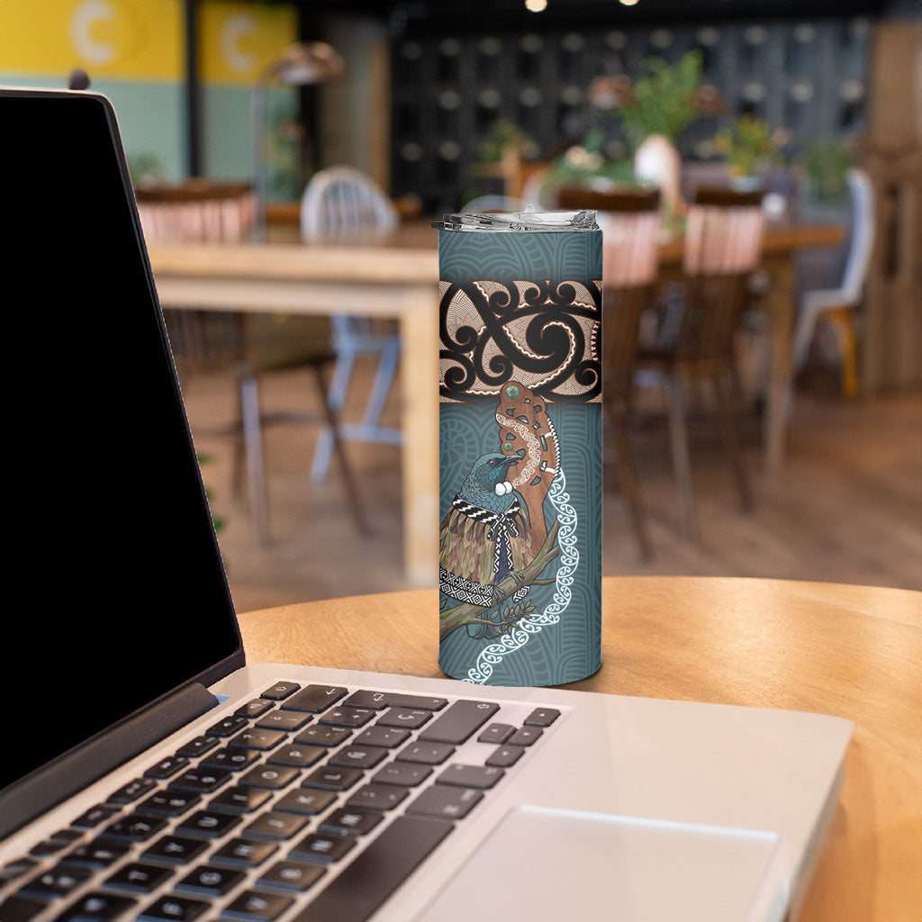 New Zealand Tui Bird Maripi Skinny Tumbler Maori Weapon Kowhaiwhai Pattern
