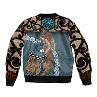 New Zealand Tui Bird Maripi Sleeve Zip Bomber Jacket Maori Weapon Kowhaiwhai Pattern