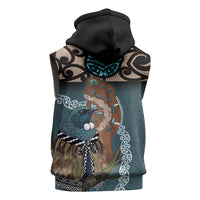 New Zealand Tui Bird Maripi Sleeveless Hoodie Maori Weapon Kowhaiwhai Pattern