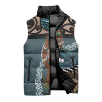 New Zealand Tui Bird Maripi Sleeveless Puffer Jacket Maori Weapon Kowhaiwhai Pattern