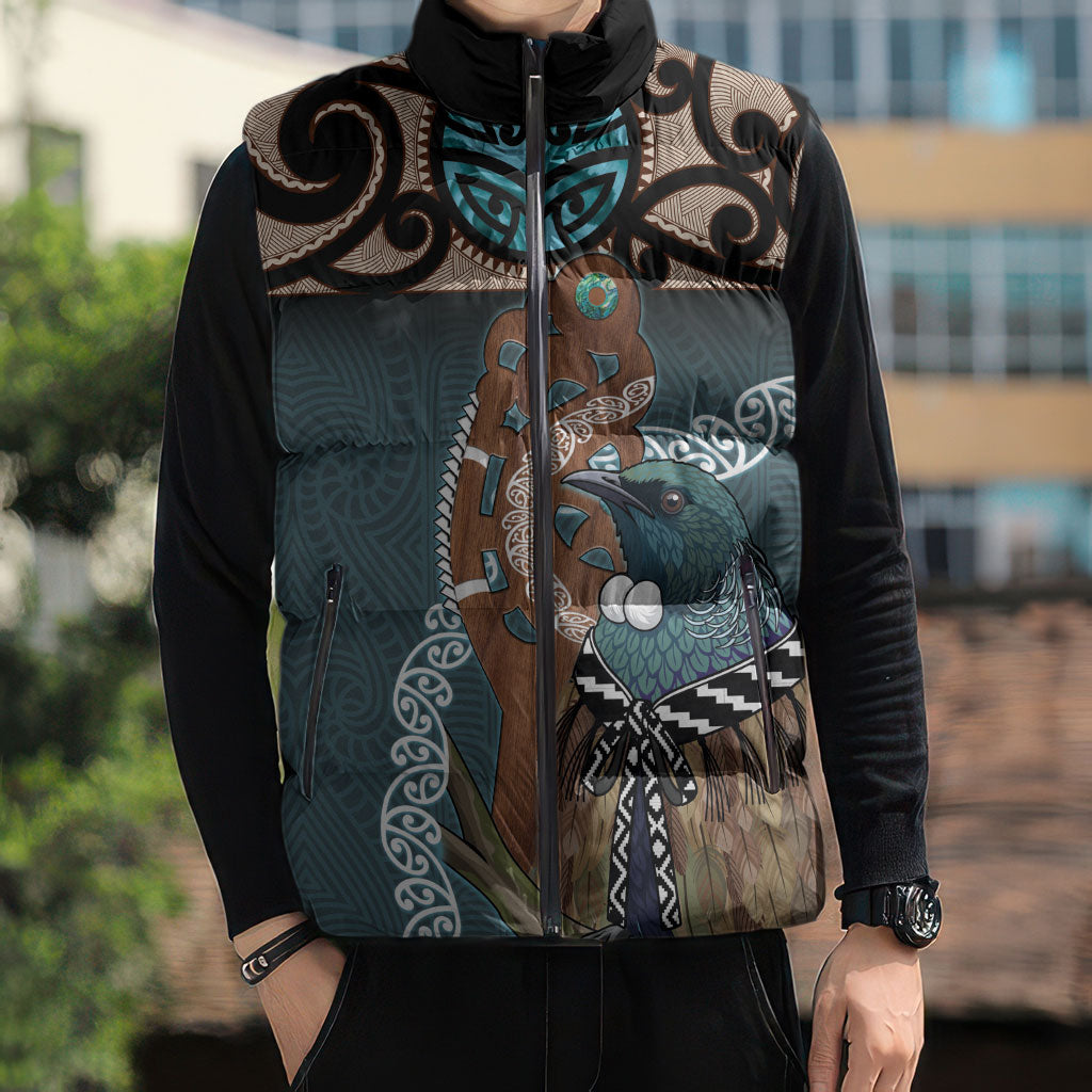 New Zealand Tui Bird Maripi Sleeveless Puffer Jacket Maori Weapon Kowhaiwhai Pattern