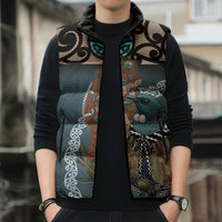New Zealand Tui Bird Maripi Sleeveless Puffer Jacket Maori Weapon Kowhaiwhai Pattern