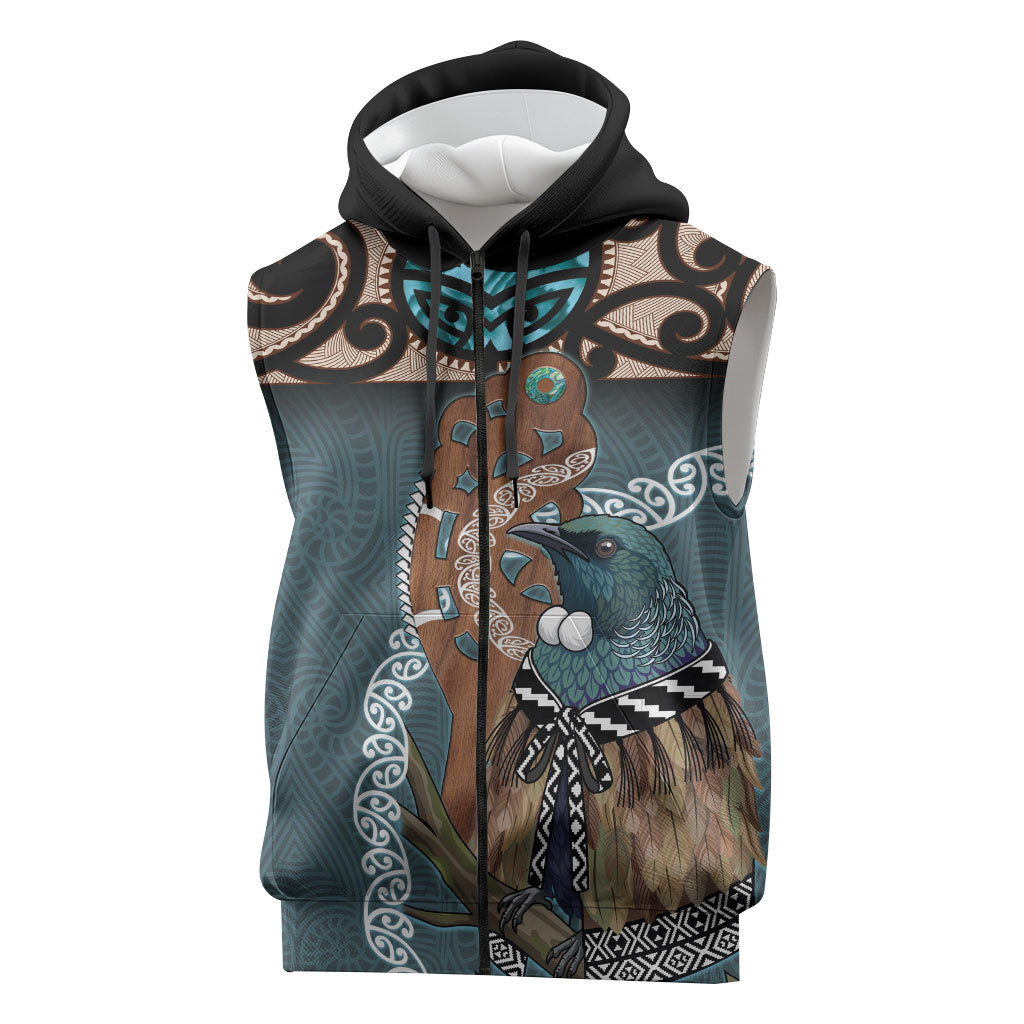 New Zealand Tui Bird Maripi Sleeveless Zip Hoodie Maori Weapon Kowhaiwhai Pattern