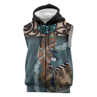 New Zealand Tui Bird Maripi Sleeveless Zip Hoodie Maori Weapon Kowhaiwhai Pattern