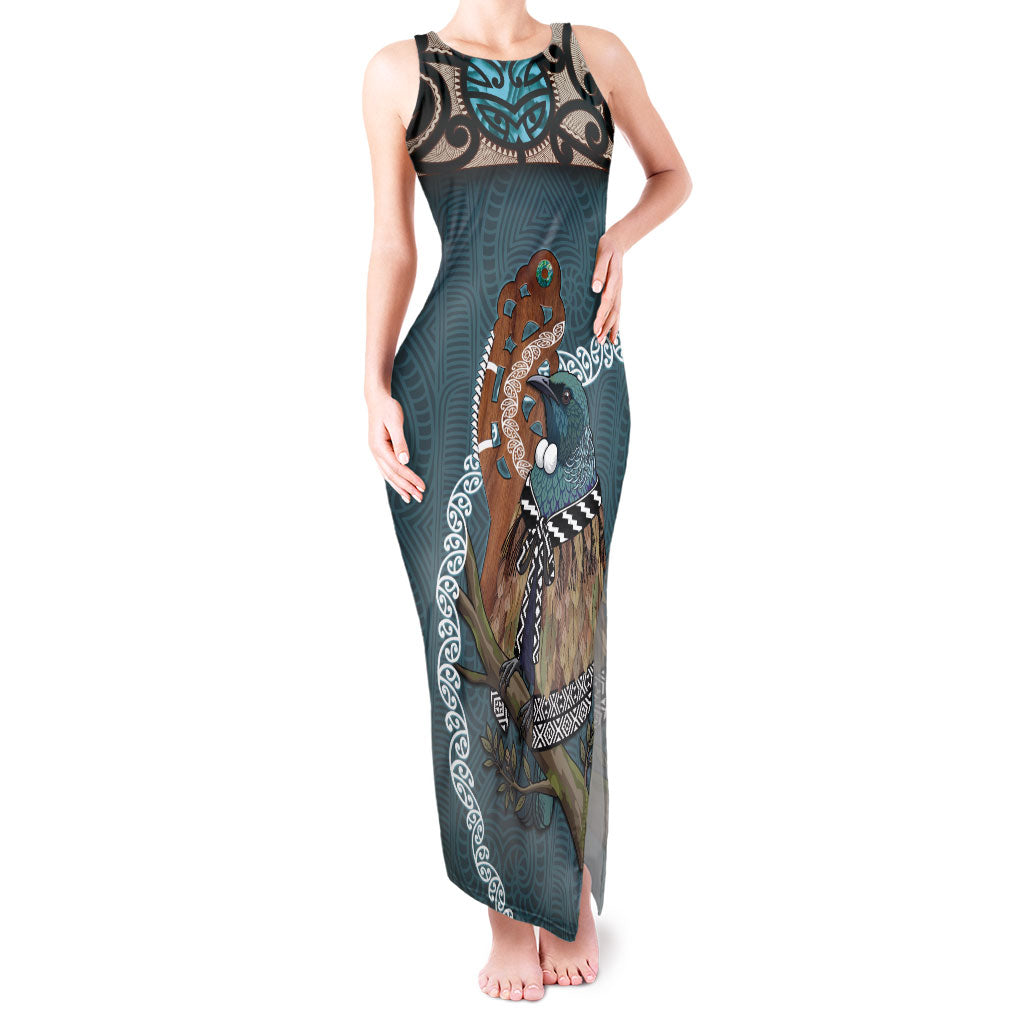 New Zealand Tui Bird Maripi Tank Maxi Dress Maori Weapon Kowhaiwhai Pattern