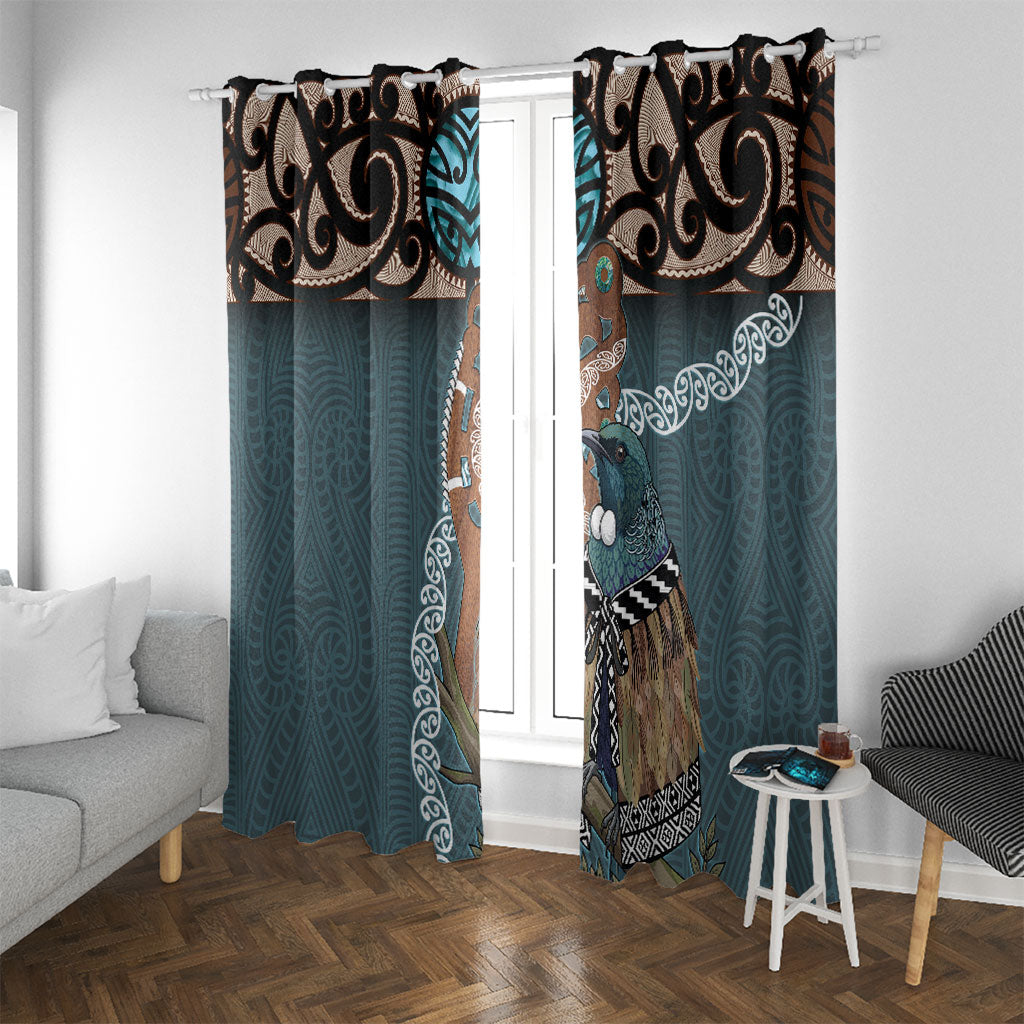 New Zealand Tui Bird Maripi Window Curtain Maori Weapon Kowhaiwhai Pattern